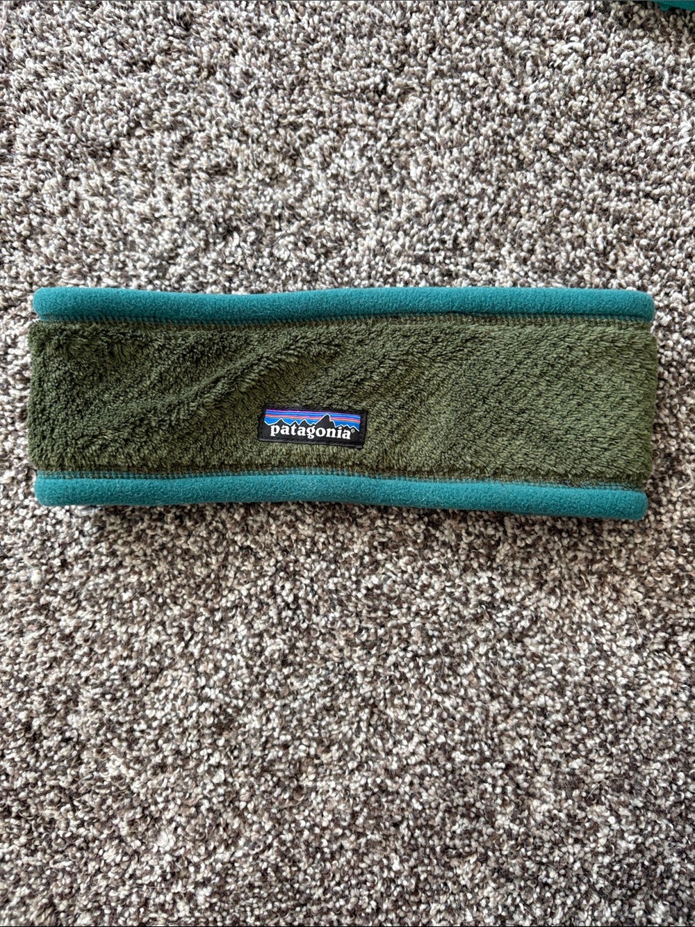 Patagonia Olive Green Fleece Headband with Teal Edging